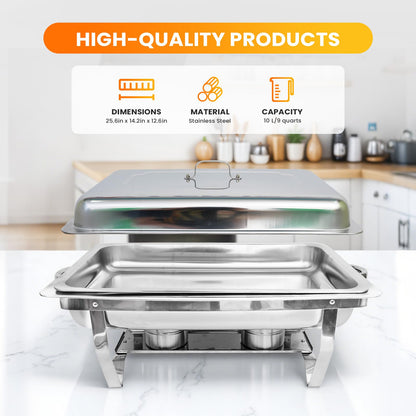 POWERFUEL Chafing Dishes for Buffet, 4 Pack 9QT Rectangular Stainless Steel Chafing Dishes Set with with 4 Serving Tongs, Serving Tray, Water Pan, Stand, Fuel Holder for Party, Gathering, Wedding