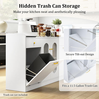 Giantex 55" Farmhouse Buffet Cabinet, Large Credenza w/Hidden Tilt Out Trash Can, 2 Glass Doors, 2 Drawers & Adjustable Shelves, Modern Sideboard Coffee Bar Cabinet for Kitchen, Dining Room (White)