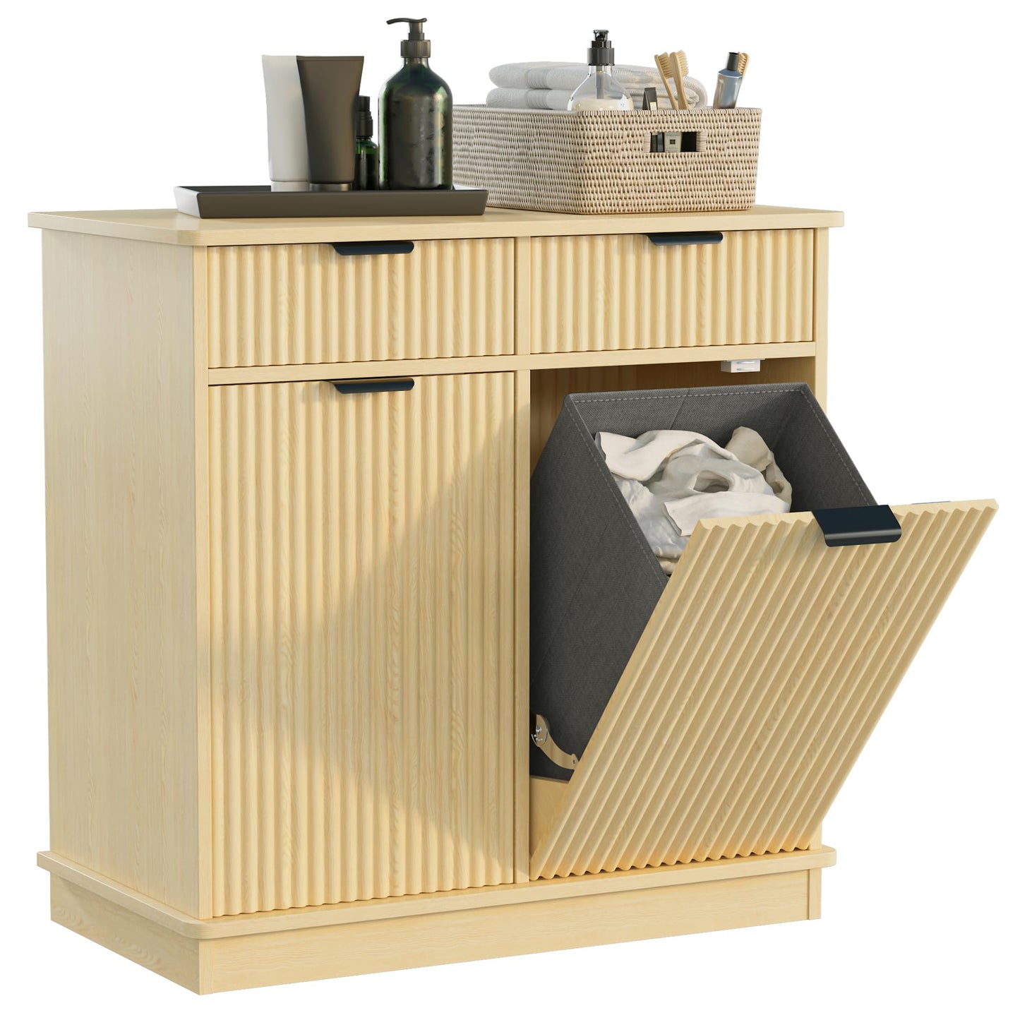 Mepplzian Natural Double Tilt Out Laundry Hamper Cabinet Laundry Basket Cabinet Hidden Laundry Hamper with 2 Drawers & 2 Baskets for Bathroom Bedroom,30x30x16in