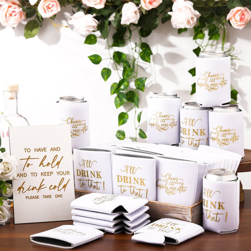 SiliFine 101 Pcs Wedding Can Cooler Bulk Engagement Party Favors for 100 Guests Cheers to Love Laughter, and I'll Drink Can Cooler with 1 Pcs Wooden Wedding Table Sign Bridal Shower Favor(White)