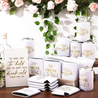 SiliFine 101 Pcs Wedding Can Cooler Bulk Engagement Party Favors for 100 Guests Cheers to Love Laughter, and I'll Drink Can Cooler with 1 Pcs Wooden Wedding Table Sign Bridal Shower Favor(White)