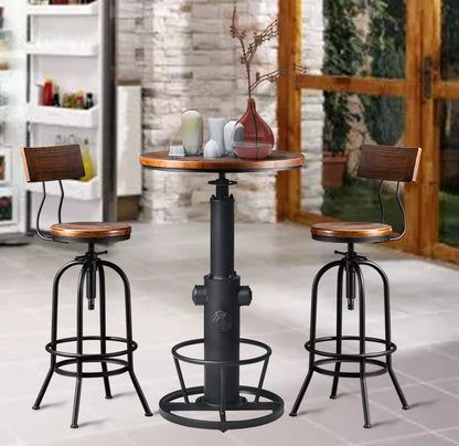 3-Piece Bar Height Table & Stools Sets for Cocktail Bistro Home Pub Party, Weld Metal Legs Round Wood Top, Rustic Brown Industrial Black Adjustable Swivel (1×38.6"-48.4" Table, 2×26"-32" Stool)