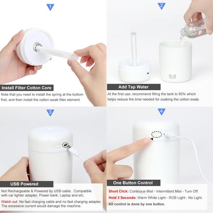 Portable Mini Humidifier, Colorful, Cool Mist, USB Powered. Perfect for Bedroom, Office & Car (300ml, White)