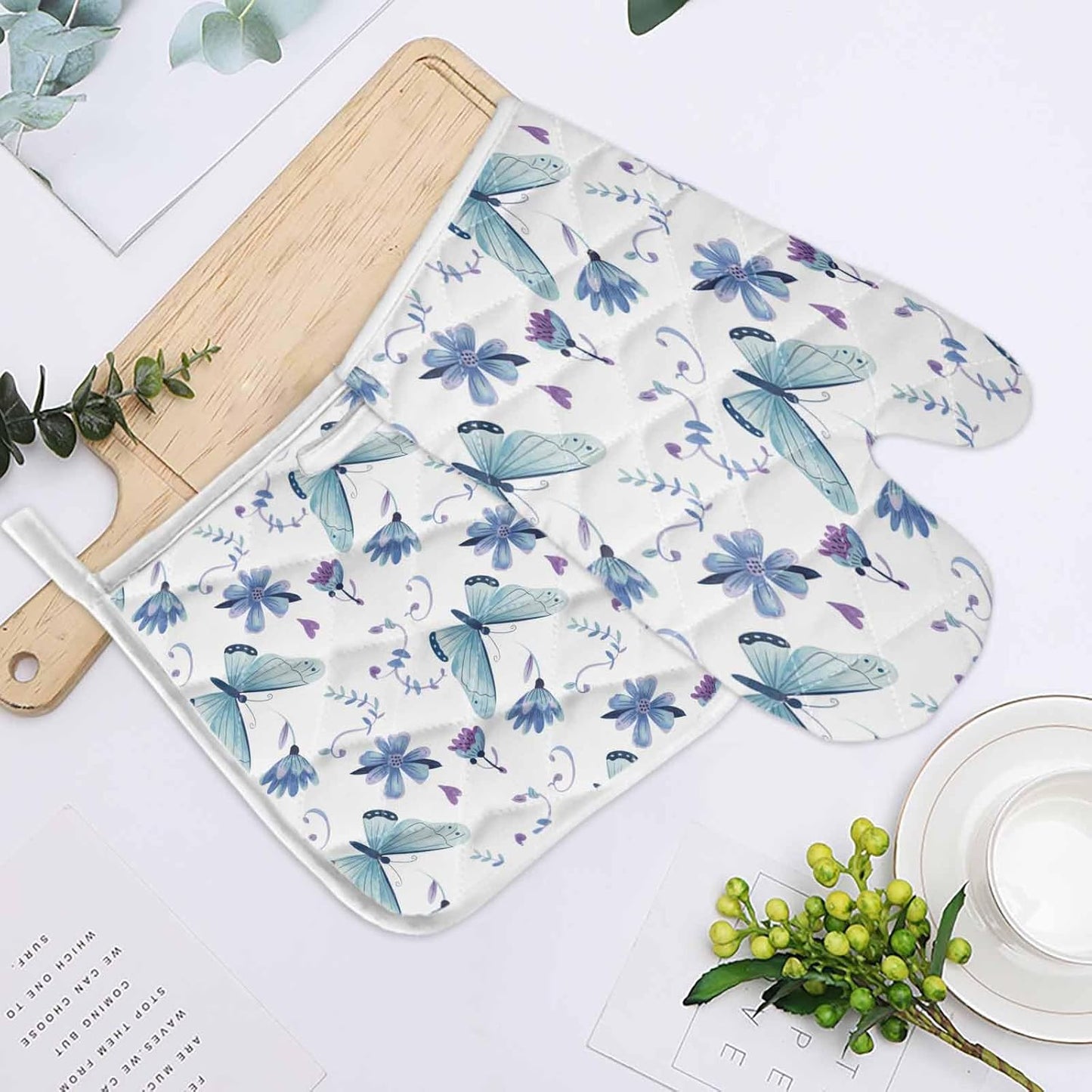 Chic D Kitchen Oven Mitts Gloves and Pot Holders Sets, Blue Butterfly Flowers Heat Resistant Non-Slip for Cooking, BBQ,