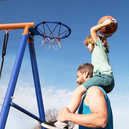 5-in-1 Kids Swing Sets for Backyard with Trampoline, 880lbs Heavy-Duty A-Frame Stand Metal Outdoor with 32 inch Saucer & Belt Swing, 55 inch Trampoline, Basketball Hoop, Led Light & Anchors