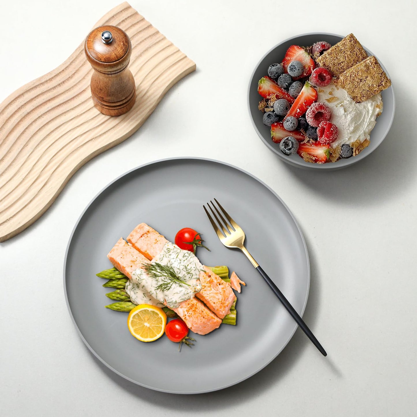 YARRGGU 24-Piece Dinnerware Set, Service for 8, Unbreakable Plates and Bowls Set, BPA-Free, Dishwasher Safe, Gray Tableware for Kitchen, Party and Picnic