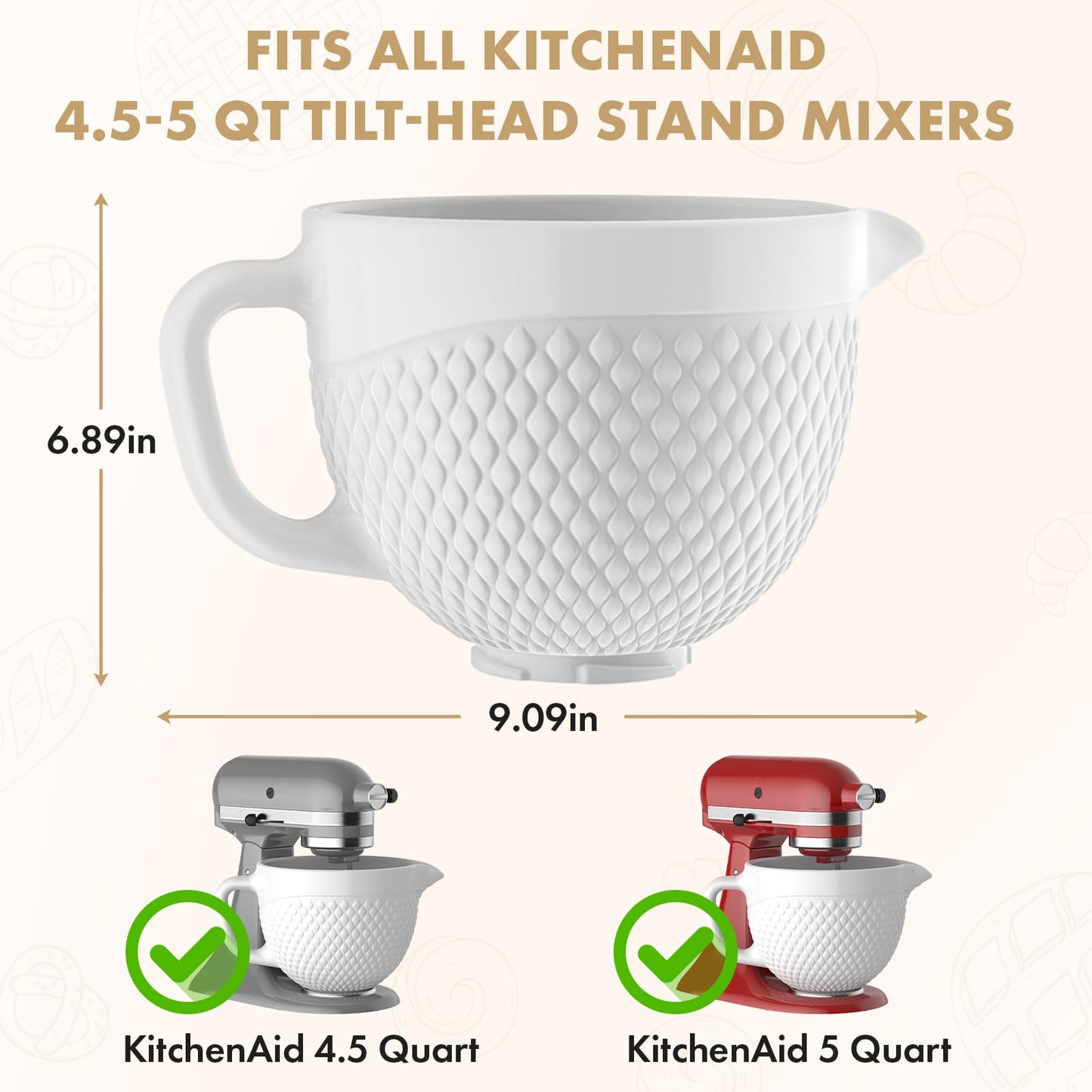 Ceramic Mixer Bowl For KitchenAid all 4.5-5 Quart Tilt-Head Stand Mixers, 5 qt Mixing Bowl For Kitchen Aid Accessories and Attachments with Handle