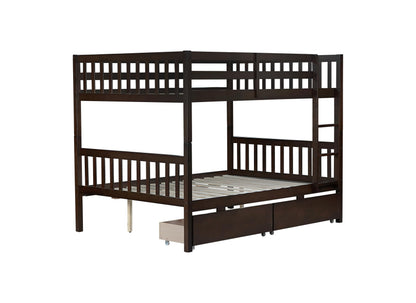 PVWIIK Full Over Full Wood Bunk Bed with 2 Drawers & Ladder for Adult Teenagers Kids Bedroom Dorm Guest Room,Convertible into 2 Full Beds Frame/Under Bed Space/No Box Spring Required,Espresso