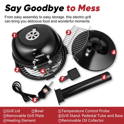 Electric Grill, CUSIMAX Electric Indoor/Outdoor Grill, 1600W Portable BBQ with Lid for Indoor & Outdoor Use, Adjustable Heat, Removable Stand Grill for Cookouts, BBQ Gatherings, Small Spaces