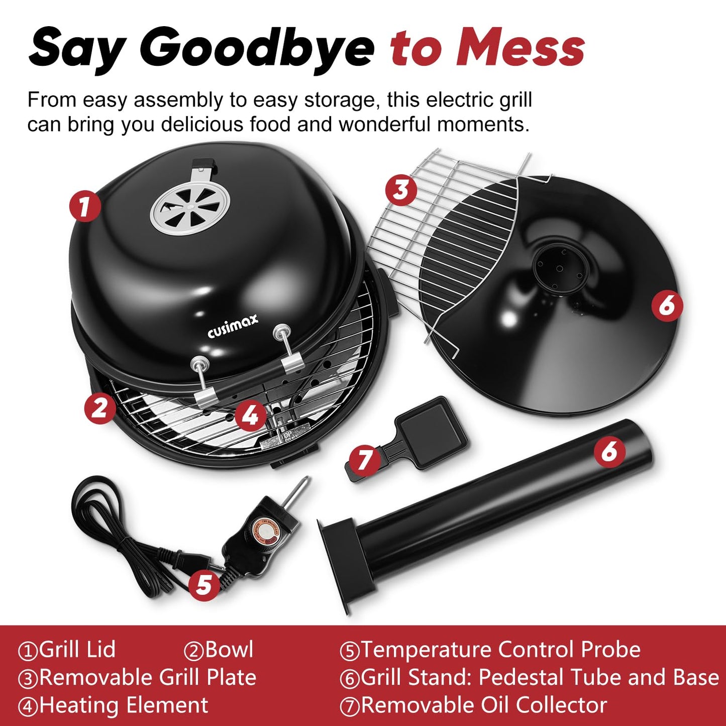 Electric Grill Outdoor, CUSIMAX Electric BBQ Grill, 1600W Portable BBQ with Lid for Cookouts, BBQ Gatherings, Small Spaces, Adjustable Heat, Removable Stand Grill, Oil Collector
