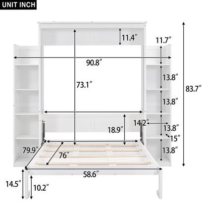Ball & Cast Full Size Murphy Bed Wall Bed with Shelves and LED Lights,can be Folded,Hideaway Cabinet Frame W/ 2 Five-Layer Cabinets,Slat Support,No Box Spring Needed,for Apartment,Bedroom,White