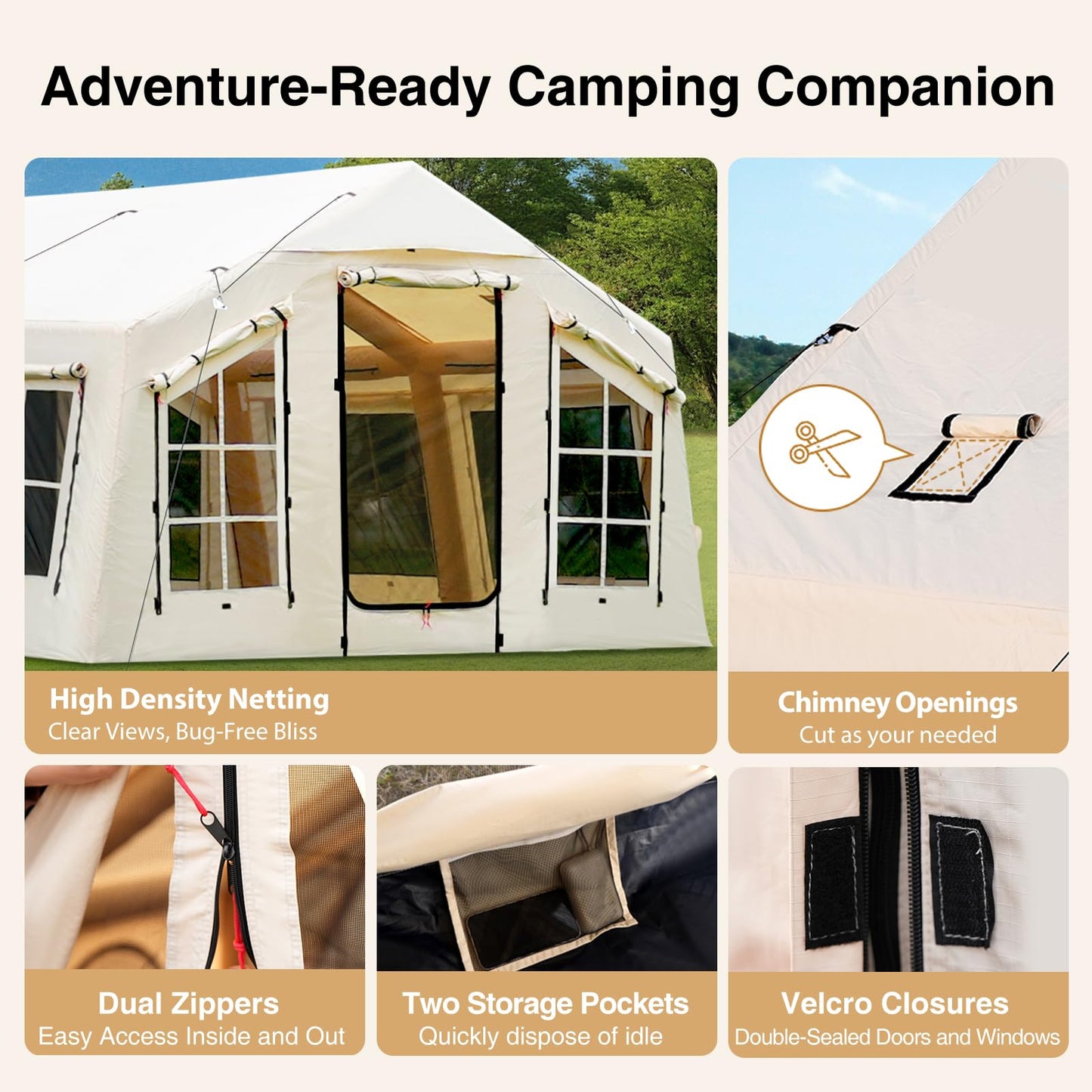 KNUO 2026 Upgraded Waterproof Inflatable Camping Tent for Winter with Rain Cover for 4~6 People, Large Blow-Up Air Tent, No Assembly Needed Luxury Glamping House, 12x12ft Oxford Fabric, Beige