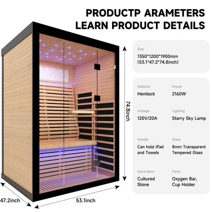 OUTEXER 2 Person Infrared Sauna Room Far Infrared Saunas Home Canadian Hemlock Indoor 2100W Low-EMF Dry Saunas with Oxygen Bar 7 Color Therapy 53.1 * 47.2 * 74.8inch