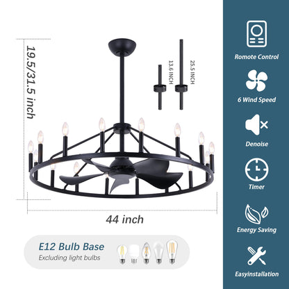 COCOSTAR 44" Black Wagon Wheel Chandelier Farmhouse Ceiling Fan with Light and Remote,16-Lights Large Fandelier with Candle,Rustic Big Light Fixture for Living Room Kichen Dining Room