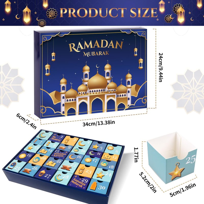 MOVINPE Ramdan Calendar with Drawers 2026 Ramadan Gifts for Kids, 30 Pre-Assembled Empty Boxes Eid Mubarak Coutdown Calendar Fillable Islamic Art Gift Box, Ramadan Party Supplies (Blue)