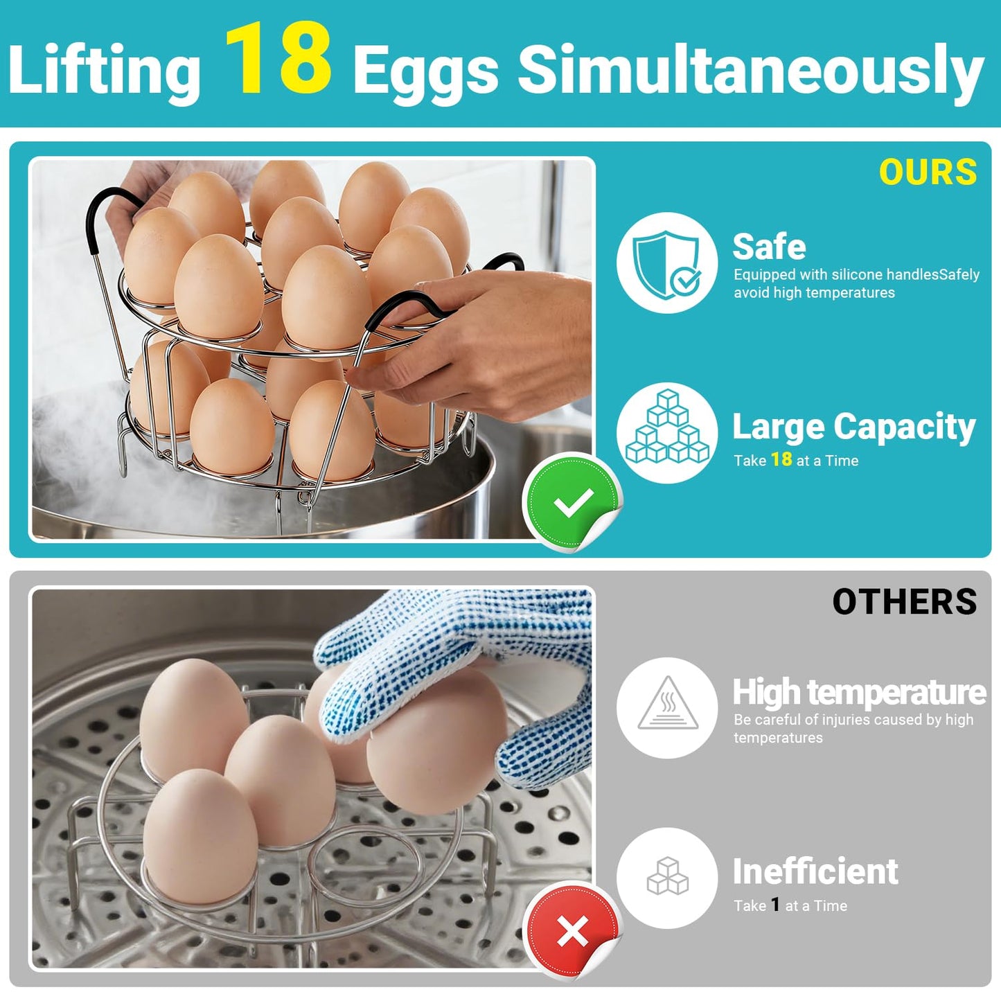 Stackable Egg Steamer Rack Compatible with Instant Pot 6qt & 8qt - 304 Stainless Steel Trivet with Heat-Resistant Handles, Holds 18 Eggs for Pressure Cooker & Pot, Multi-functional Cooling Rack