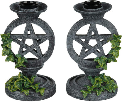 Nemesis Now Gothic Witchcraft Ivy Pentagram Candlesticks, 13.4cm, Hand-Painted Resin Aged Occult Candle Holders, Set of