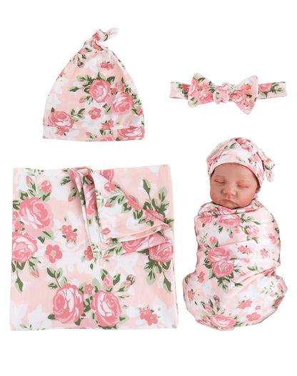 Aori Reborn Baby Doll Accessories Clothes Newborn Receiving Blanket with Headband and Hat Set Baby Swaddle Floral 3-Piece Swaddle Nursery Swaddle Wrap for 17-20 inch Reborn Doll