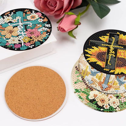 igoodom 8 Pcs Cross Diamond Art Coasters Kit with Holder, DIY Cross Diamond Painting Coasters for Beginners Adults, Non Slip Diamond Art Kits Craft Supplies 4x4inch