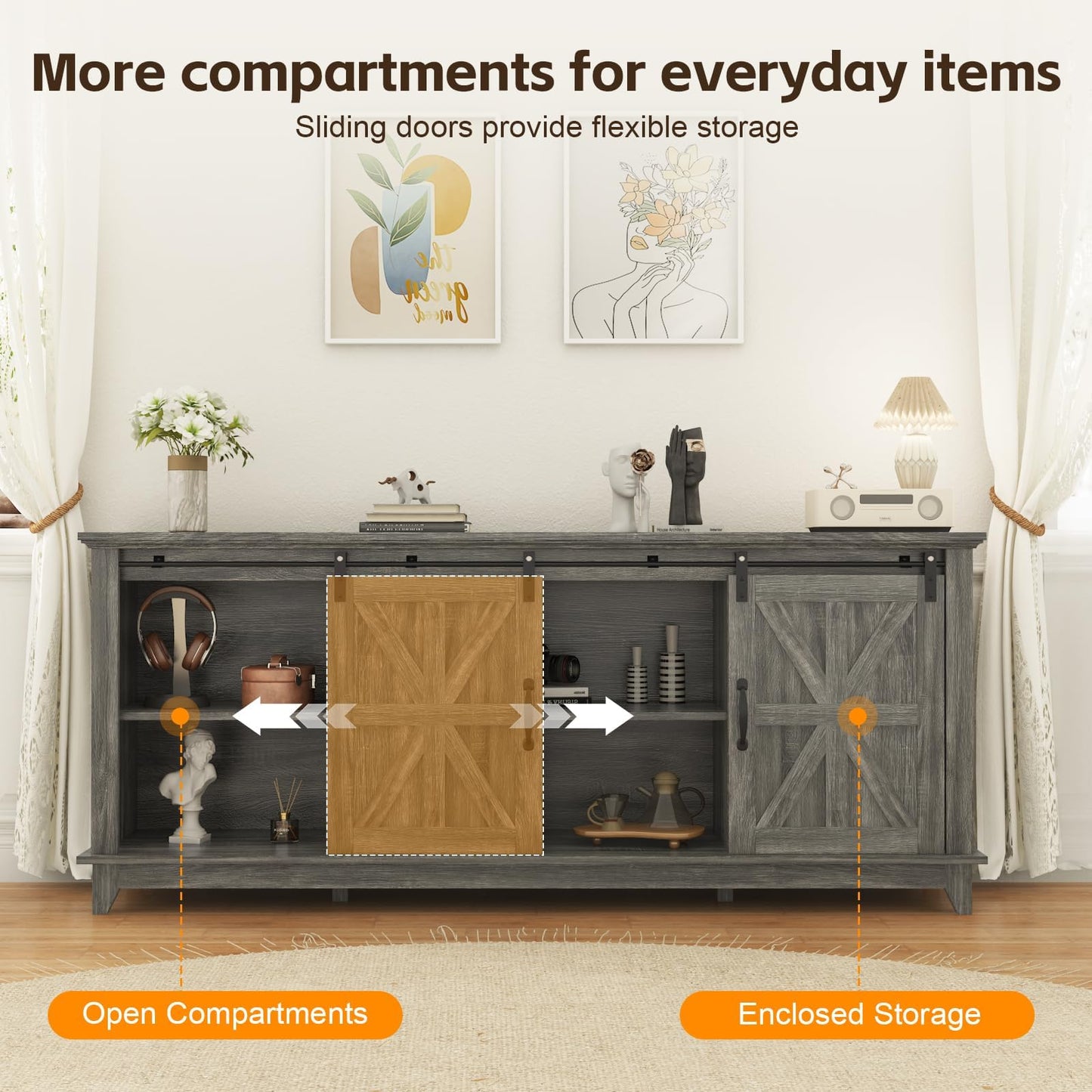 GarveeLife 66 in Farmhouse Sideboard Buffet Cabinet with Power Outlets, Entertainment Center with Sliding Barn Door & Large Storage Cabinets w/Adjustable Shelf, 28 in Tall TV Media Console, Dark Grey