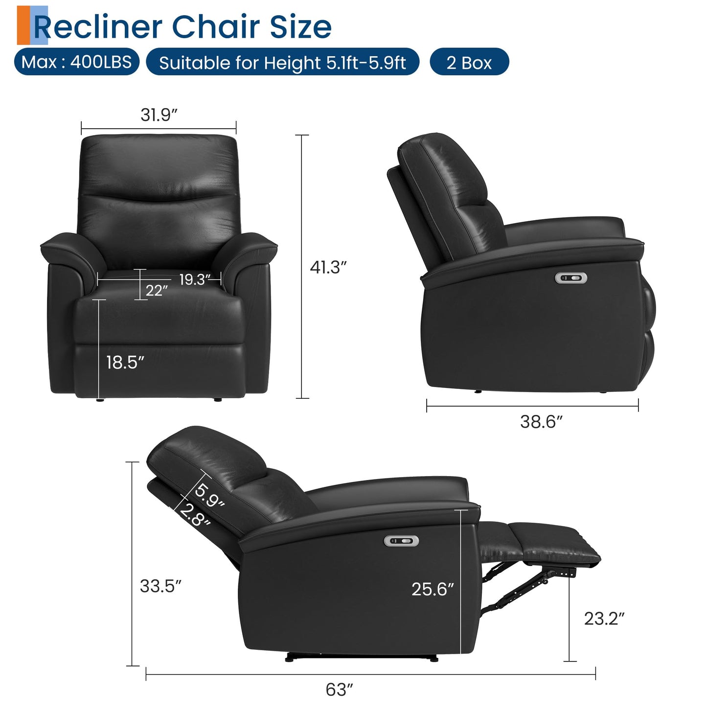 Garvee Power Swivel Recliner Chair, PU Leather Electric Reclining Armchair with Free Position, 270 Degree Swivel, 38.6 in Wide Seat, 350 Lb Capacity, Single Sofa for Living Room Bedroom,Black