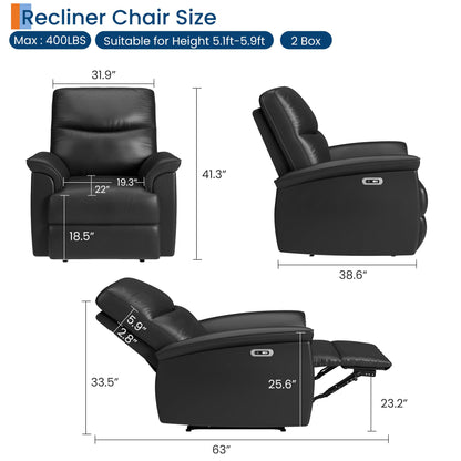 Garvee Power Swivel Recliner Chair, PU Leather Electric Reclining Armchair with Free Position, 270 Degree Swivel, 38.6 in Wide Seat, 350 Lb Capacity, Single Sofa for Living Room Bedroom,Black