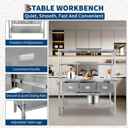Garvee Stainless Steel Table with Drawers, 48" x 24" Commercial Work Tables with Undershelf, Metal Kitchen Prep Table for Home Restaurant Garage, Commercial Workbench