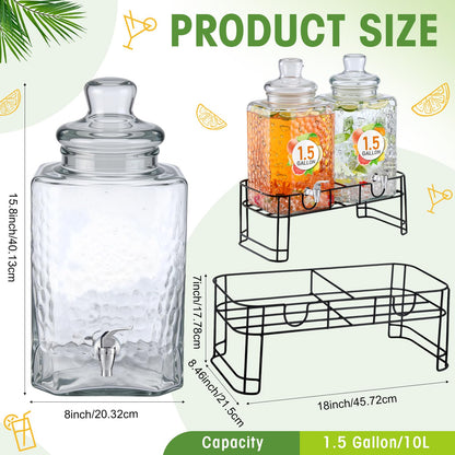 Honeydak 1.5 Gallon Glass Beverage Dispenser with Stand Stainless Steel Spigot Glass Lid Clear Iced Juice Container Leakproof Drink Dispenser Countertop Lemonade Water Jar for Wedding Party (2 Pack)