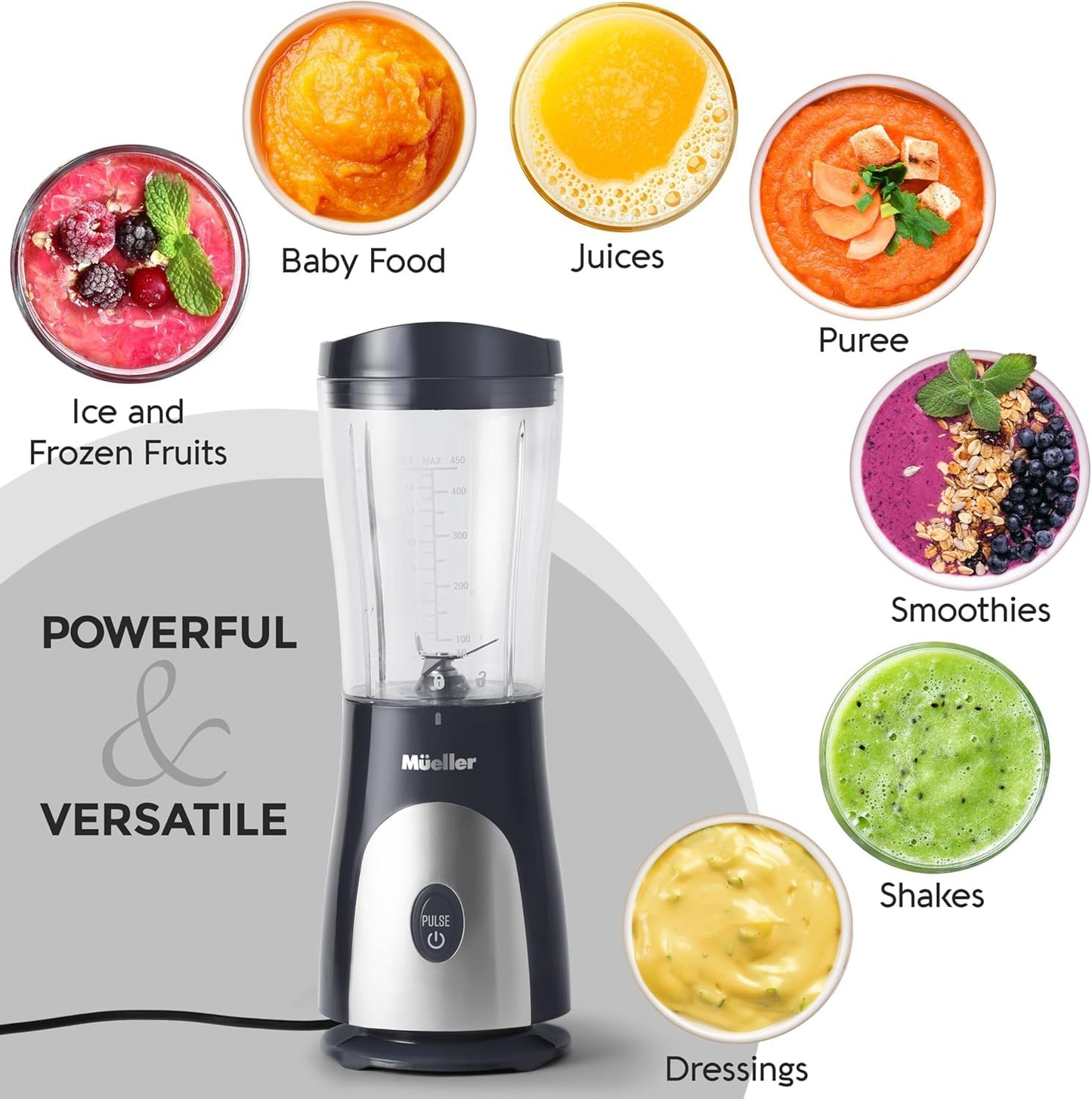 Mueller Smoothie Blender for Smoothies - Personal Blender for Shakes, Frozen Drinks, Baby Food & More, 15oz Travel Cup and Lid, Durable Stainless Steel Blades for Powerful Blending Performance, Black