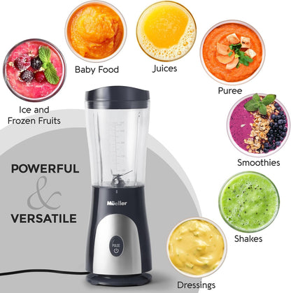 Mueller Smoothie Blender for Smoothies - Personal Blender for Shakes, Frozen Drinks, Baby Food & More, 15oz Travel Cup and Lid, Durable Stainless Steel Blades for Powerful Blending Performance, Black
