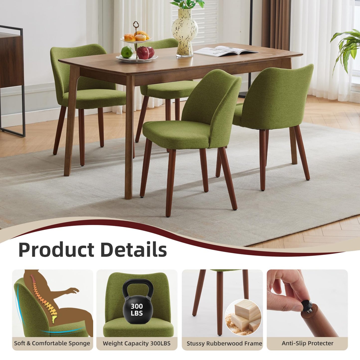 GarveeHome Linen Dining Chairs Set of 4 Upholstered Fabric Dining Chair with Wood Legs, Wing Backrest, Wooden Kitchen Chairs with Thick Cushions, Leveling Feet for Dining Room, Living Room