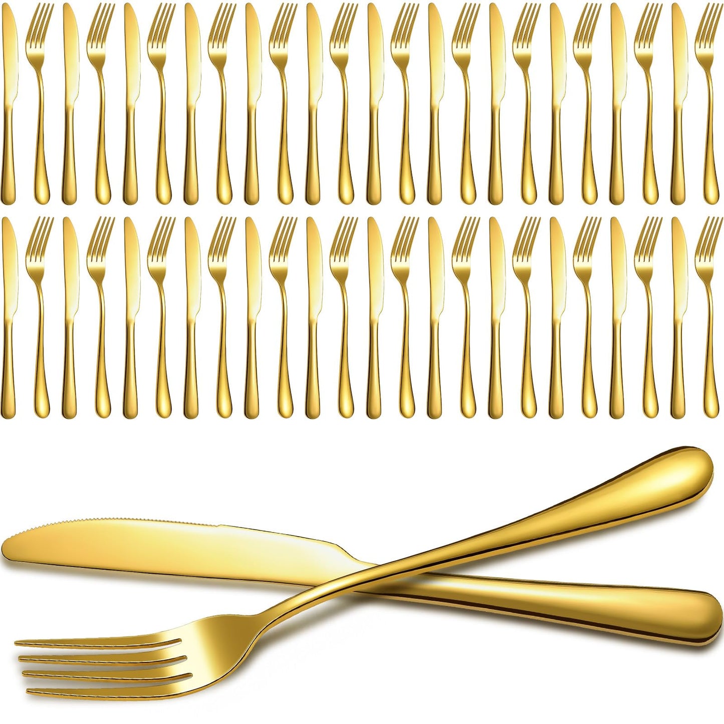 Nuenen 50 Pieces Stainless Steel Forks Silverware Set Dinner Forks and Knives Flatware Tableware Cutlery Set for Kitchen Restaurant(8.07 x 0.94 Inch, 9.06 x 0.79 Inch,Gold)