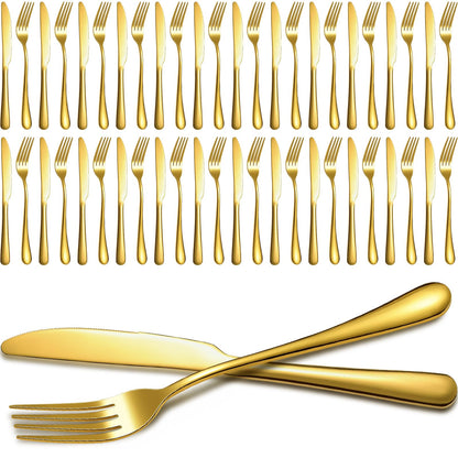 Nuenen 50 Pieces Stainless Steel Forks Silverware Set Dinner Forks and Knives Flatware Tableware Cutlery Set for Kitchen Restaurant(8.07 x 0.94 Inch, 9.06 x 0.79 Inch,Gold)