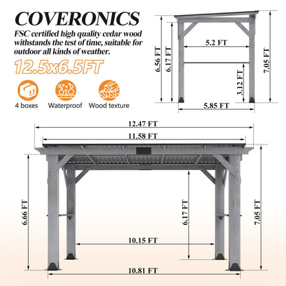 COVERONICS 12.5'x6.5' Outdoor Grill Gazebo - Hardtop Cedar Wood Gazebo with 2 Side Shelves and Galvanized Steel Roof, Patio Wooden BBQ Pergola for Porch, Garden and Backyard