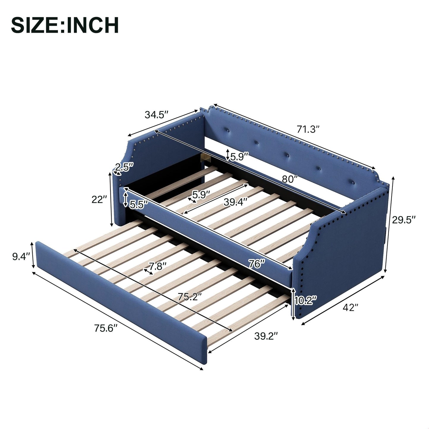 GDFStudio Twin Upholstered Daybed with Trundle, Linen Fabric Sofa Bed Frame with Wood Slats Support, Pull-Out Guest Bed for Living Room Bedroom Apartment, Blue