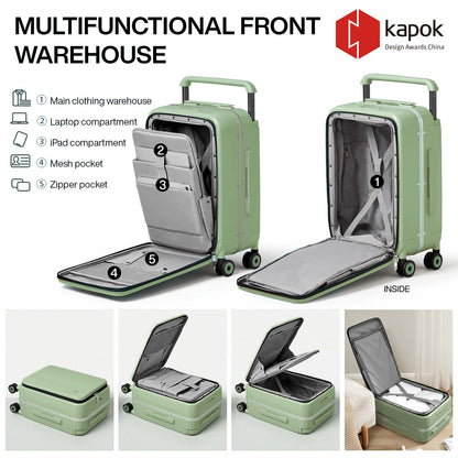 mixi Carry On Luggage Wide Handle Luxury Design Rolling Travel Suitcase PC Hardside with Aluminum Frame Hollow Spinner Wheels, with Cover, 20 inch, Avocado Green