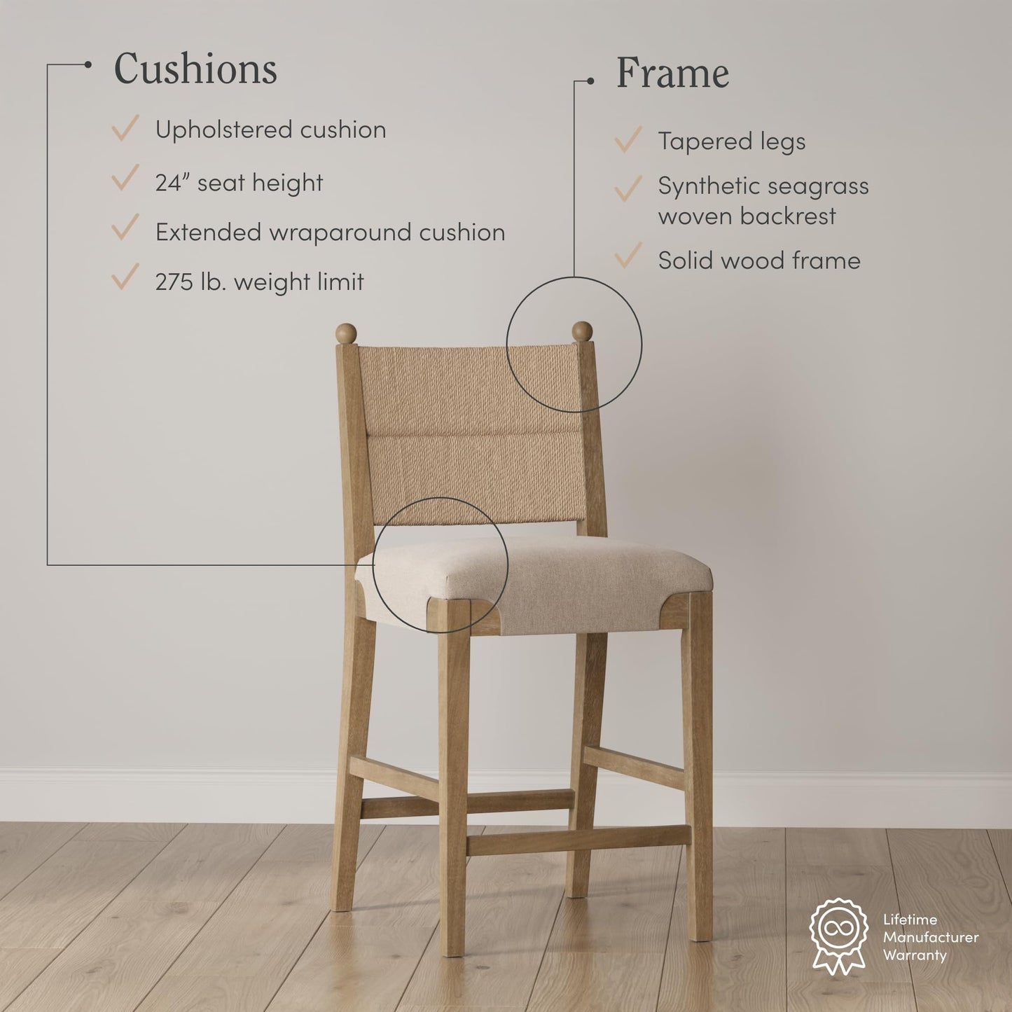Nathan James Cove Seagrass Counter Stool Wood Upholstered Bar Stool with Natural Flax Cushion and Seagrass Backrest, Light Brown