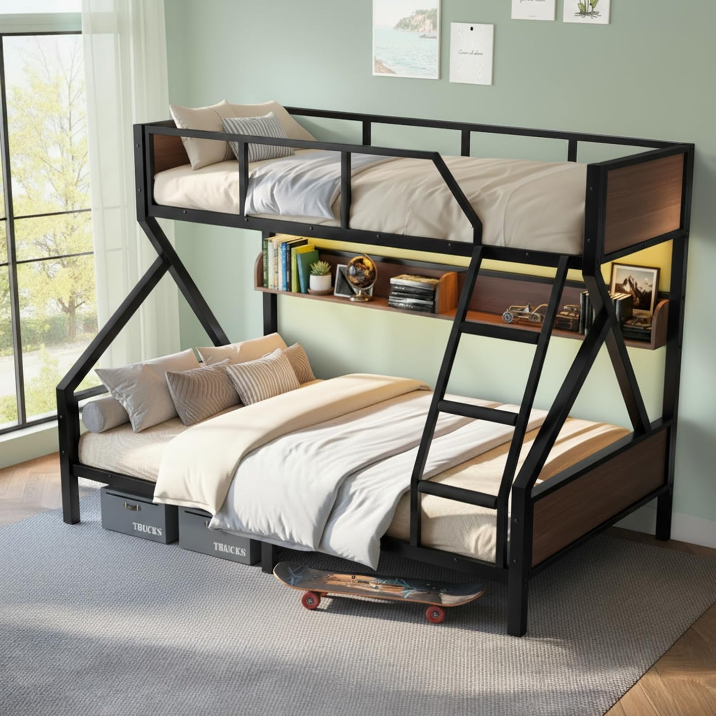 HKOLIE Twin XL Over Queen Bunk Bed with Storage Shelves & LED Lights, Heavy Duty Metal Bunk Bed Frame with Stairs, Noise-Free Design, Space-Saving Bed with Guardrails for Kids, Teens & Adults, Black
