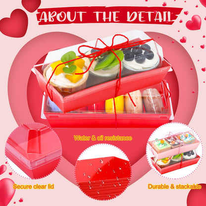 Layhit Valentines Charcuterie Boxes with Clear Lids and Rope Valentine's Day Rectangle Cookie Boxes Pink Red Disposable Dessert Containers for Wedding Anniversary Party Favor Cake Sandwich(50 Sets)