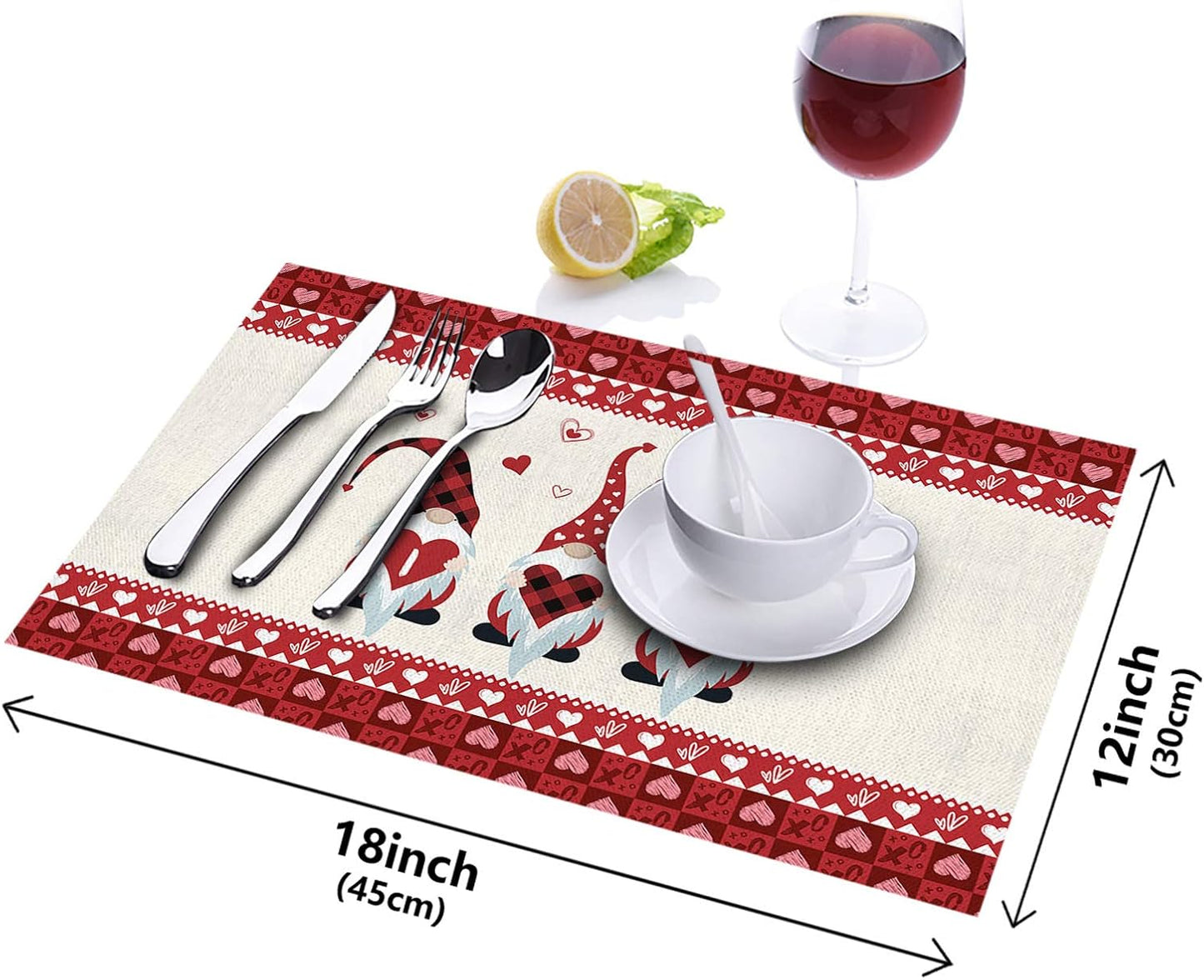 Stylish Placemats for Dining Table Decor, Cute Gnome I Love U Valentine's Day Non-Slip Table Mat, Set of 4