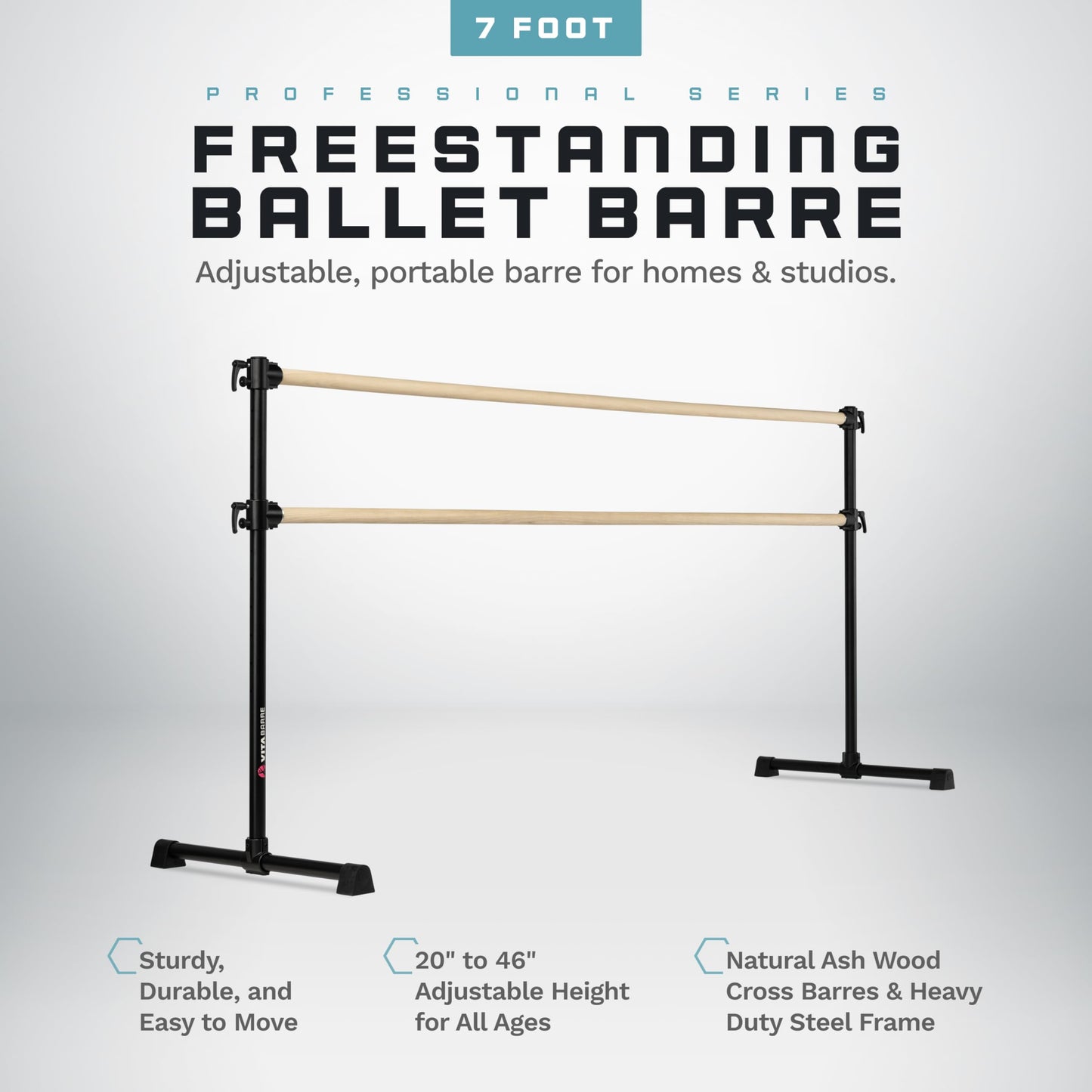 VITA Barre Portable Freestanding Double Ballet Barre, Professional, 7 Ft Bars, Black, Wood | Adjustable Height, Made in USA, Home or Gym Exercise Equipment for Kids & Adults | Dance, Fitness, Pilates