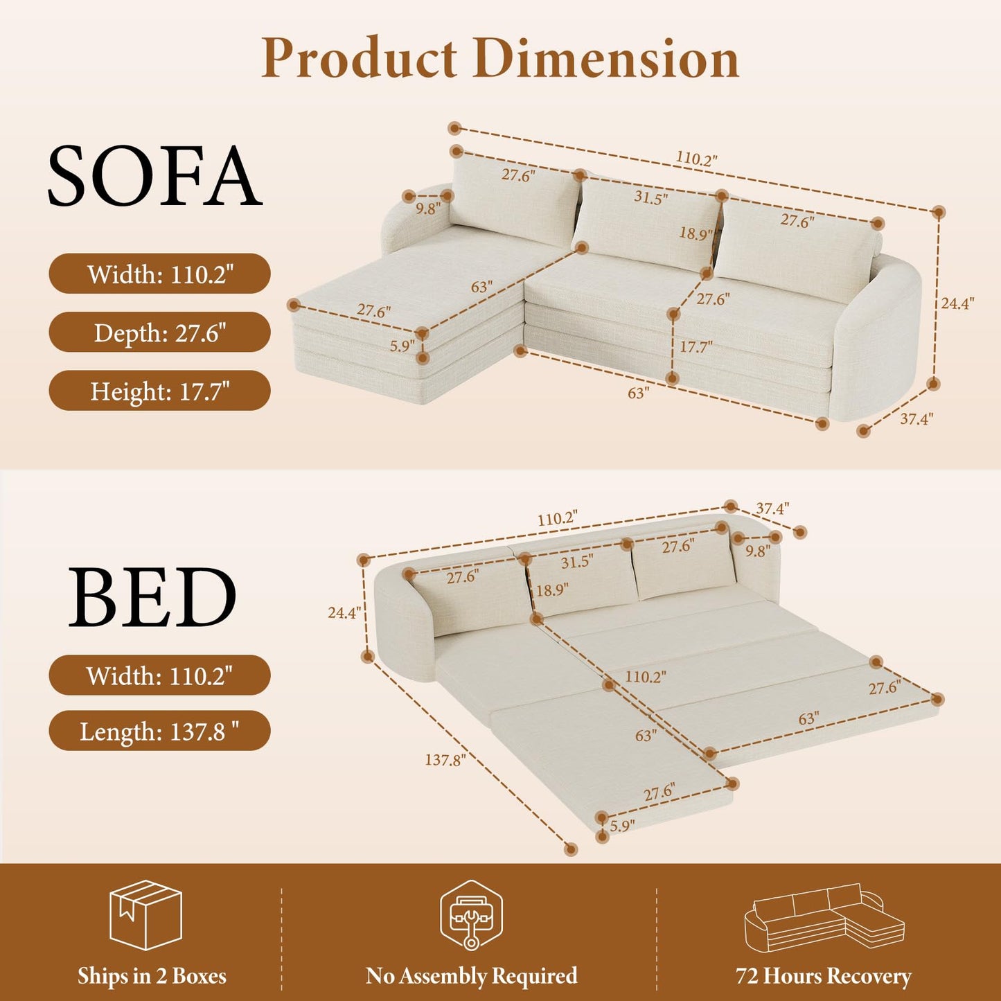 Vesgantti 6 in 1 Convertible Folding Sleeper Sofa Bed, 110.2" Modular Sectional Sofa with Curved Armrest, Chenille Boneless Couch for Living Room, No Assembly Required, Beige, Left Facing Chaise