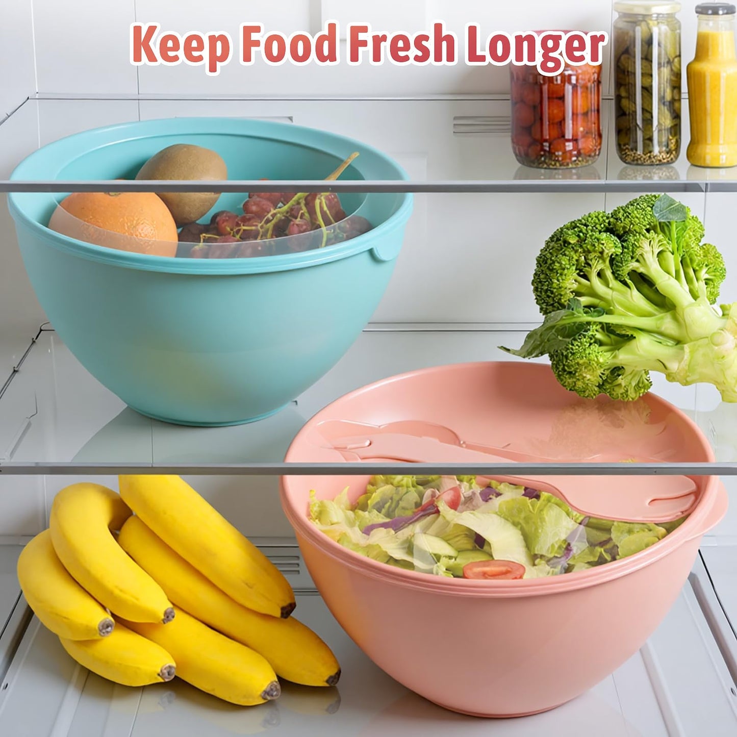 16 Piece Plastic Mixing Bowls with Lids Set - Nesting Bowls Set includes 8 Prep Bowls and 8 Lids, 2-in-1 Spoon-Fork, Large Salad Bowl for Preparing, Serving, and Storing, Dishwasher & Microwave Safe
