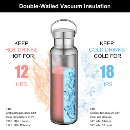 Neihepal 20 oz Insulated Water Bottles Bulk 2 Pack,Stainless Steel Double Wall Sport Bottle with Lid of Handle,Metal Reusable Thermoses Flask with Cup Cap for School,Cyclists,Gift (Silver,Set of 2)