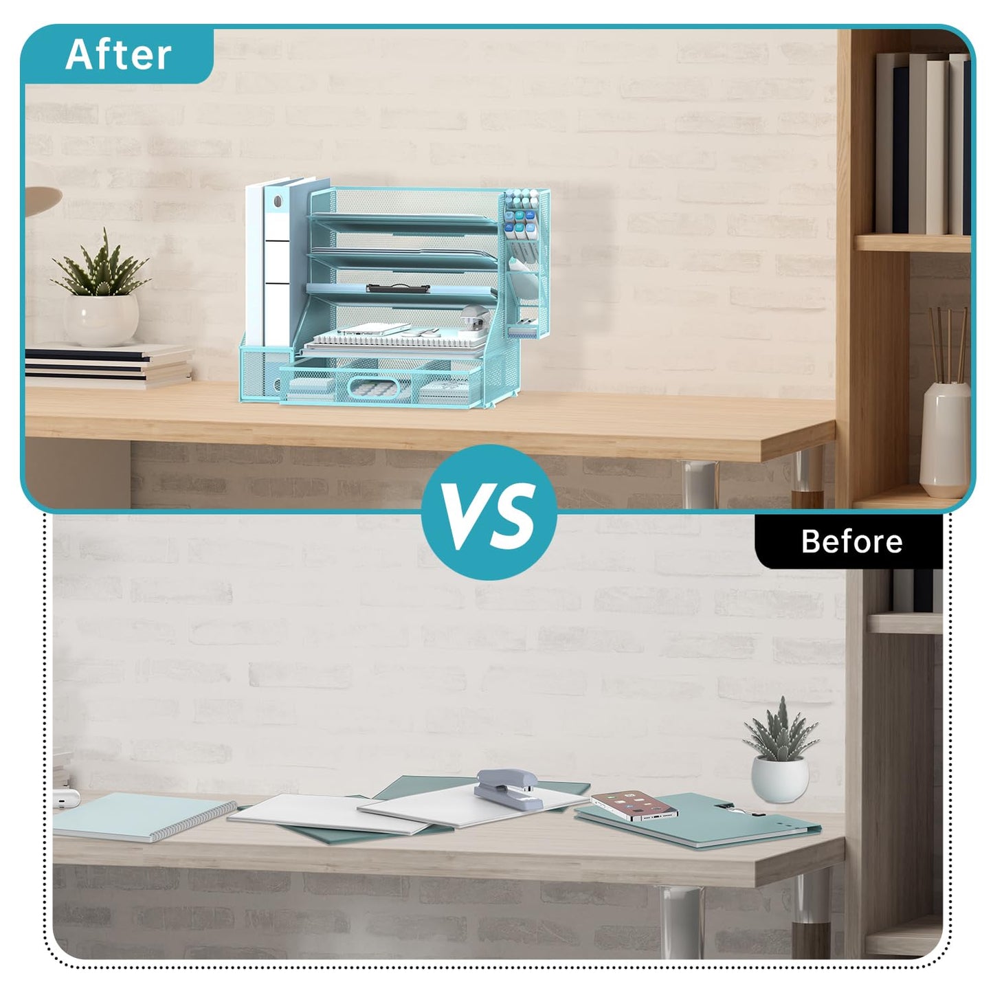 SUPEASY Desk Organizer with File Holder, 5-Tier Mesh Paper Letter Tray Organizer with Pen Holder and Drawer, Desktop Organizer and Storage with 3 Tilted File Sorter for Office Supplies, Blue