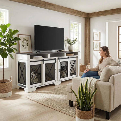 Garvee 71" Double Dog Crate Furniture with Divider, Heavy Duty Wood & Metal Dog Cage for Large Dogs, Dual Compartment Dog Kennel with Double Doors, Indoor Dog Crate TV Stand