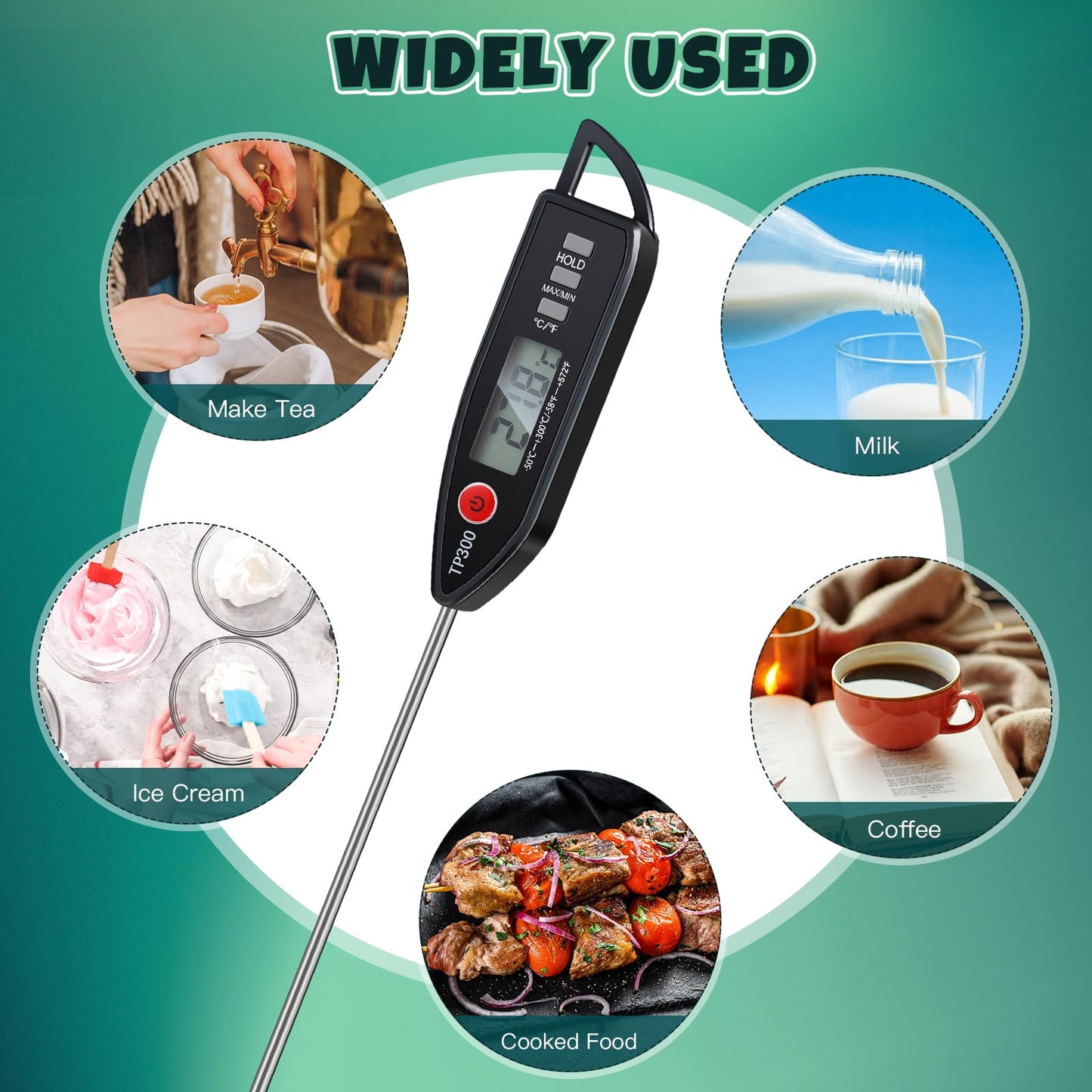 6 Pcs Instant Read Meat Thermometer with Long Probe 9.65 Inch Kitchen Cooking Food Candy Waterproof Digital Thermometer for BBQ Water Milk Yogurt Liquid (Round&Square Ring,Black,White,Red)