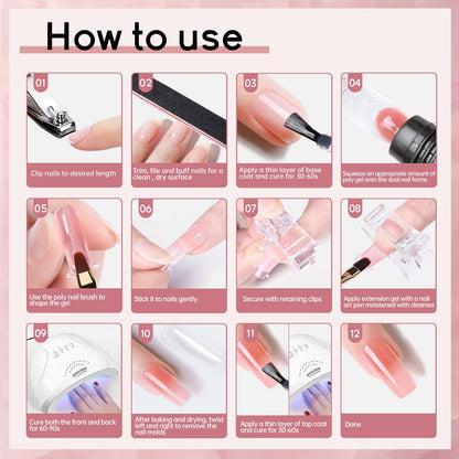 JEWHITENY Poly Extension Gel Nail Kit 14 PCS Poly Gel Kit with Slip Solution and Mini Lamp Nail Art Design Beginner