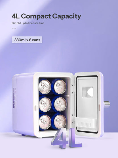 Mini Fridge With Handle, Small Fridge Rapid Cooling 4 Liter/6 Cans Skincare Fridge, Cooler and Warmer Refrigerators for Bedroom, Cosmetics, Office and Car (Retro, Purple)