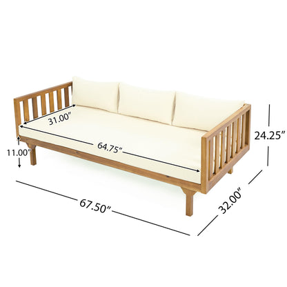 Christopher Knight Home Claremont Outdoor 3 Seater Acacia Wood Daybed with Fabric Water Resistant and Removable Cushions, Patio Garden Poolside Sofa with Slat Paneling Armrest and Back, Teak and Beige